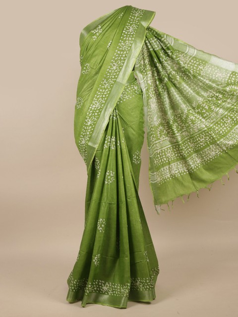 

Pothys Green & White Batik Zari Linen Blend Saree