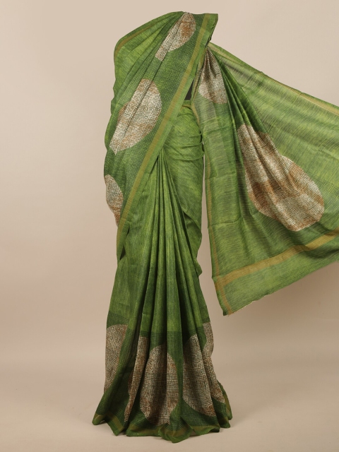 

Pothys Green & Tan Printed Zari Jute Silk Saree