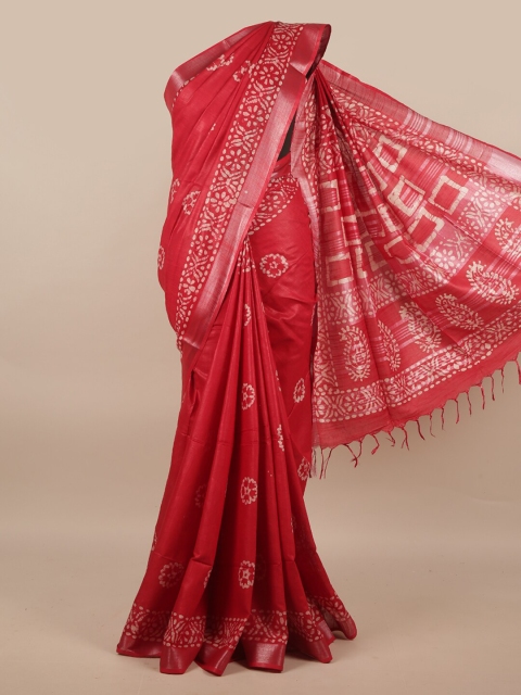 

Pothys Pink & White Batik Zari Linen Blend Saree