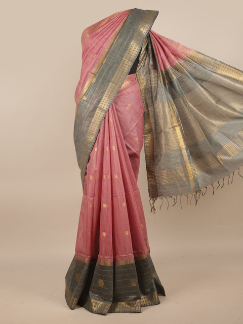 

Pothys Pink & Grey Geometric Woven Design Jute Silk Saree