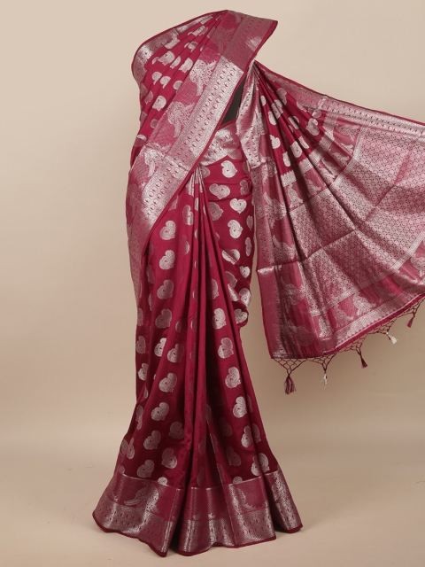 

Pothys Maroon & Silver-Toned Woven Design Zari Jute Silk Saree