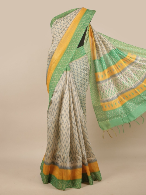 

Pothys Cream-Coloured & Green Jute Silk Saree