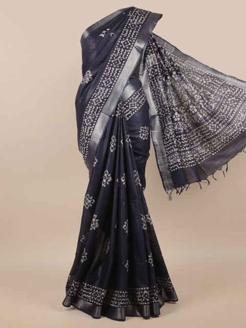 

Pothys Navy Blue & Silver-Toned Batik Zari Linen Blend Saree