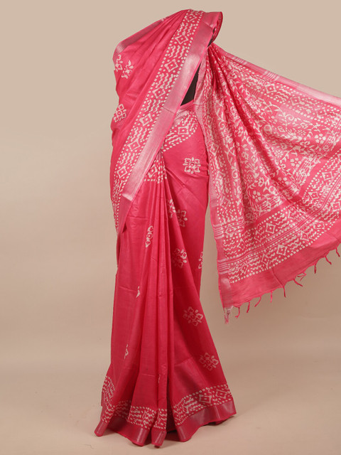 

Pothys Pink & White Batik Zari Linen Blend Saree