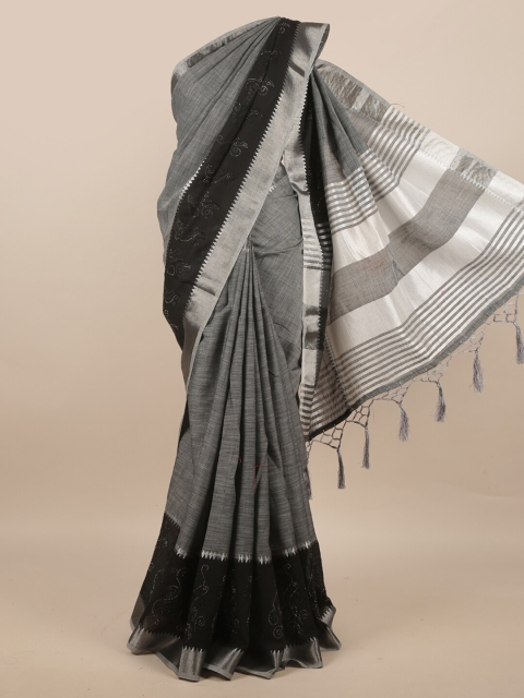 

Pothys Grey & Black Colourblocked Zari Linen Blend Saree