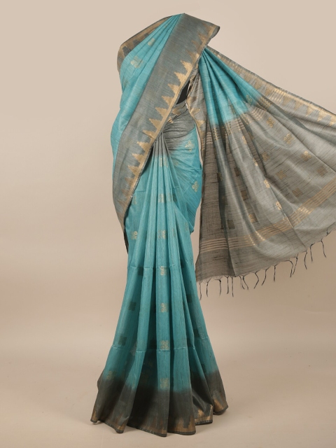 

Pothys Teal & Gold-Toned Woven Design Zari Jute Silk Saree