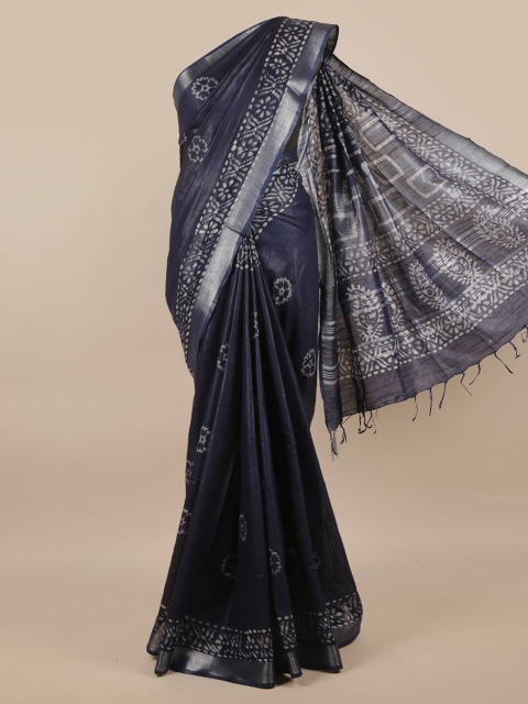 

Pothys Navy Blue & Silver-Toned Batik Zari Linen Blend Saree