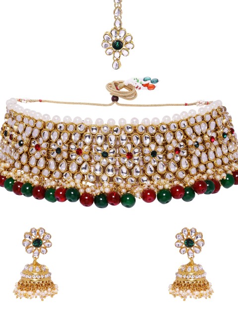 

OOMPH Gold-Toned White & Green Kundan Stone Studded & Beaded Jewellery Set