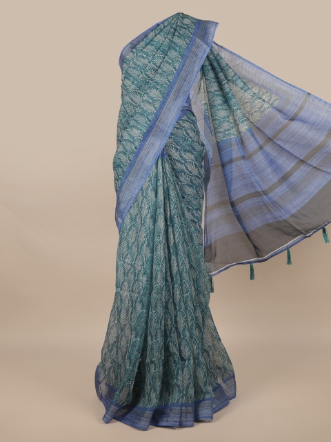 

Pothys Blue & Green Floral Linen Blend Saree