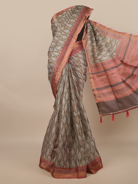 

Pothys Tan & Peach-Coloured Floral Linen Blend Saree