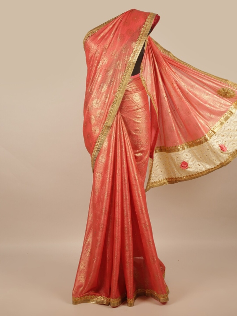 

Pothys Pink & Gold-Toned Floral Poly Chiffon Saree