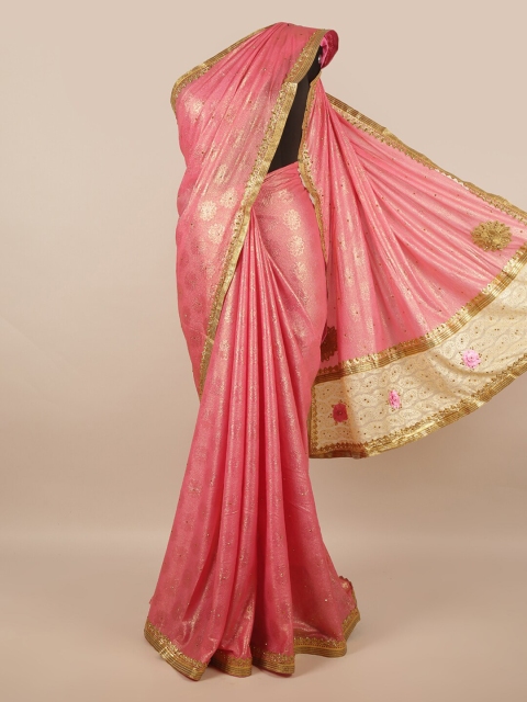 

Pothys Pink & Golden Ethnic Motifs Beads and Stones Poly Chiffon Saree