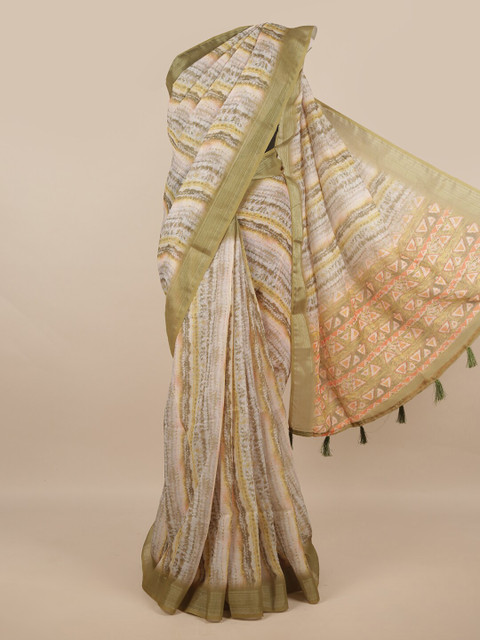 

Pothys Green & Brown Tie & Dye Zari Linen Blend Saree