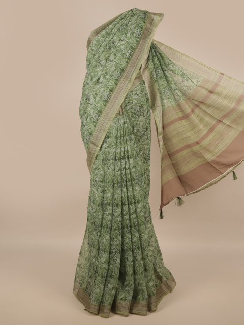 

Pothys Green & Gold-Toned Ethnic Motifs Zari Linen Blend Saree