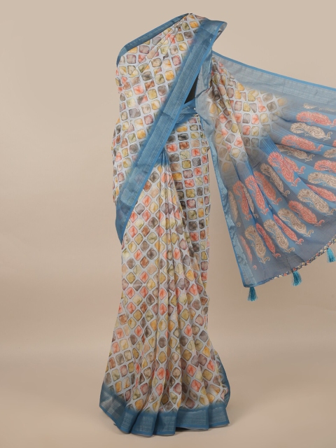 

Pothys Cream-Coloured & Blue Printed Linen Blend Saree