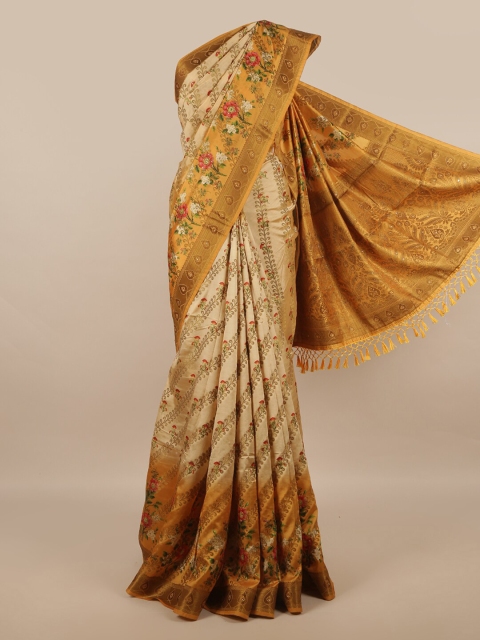 

Pothys Cream-Coloured & Yellow Floral Zari Jute Silk Saree