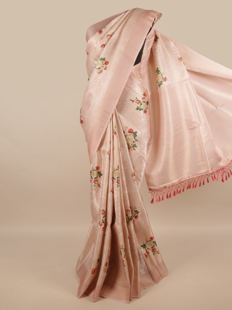 

Pothys Cream-Coloured & Red Floral Zari Jute Silk Saree