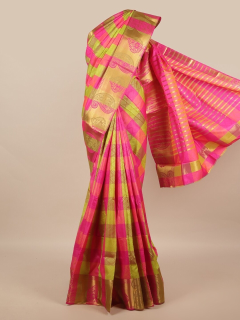 

Pothys Pink & Green Checked Zari Jute Silk Saree