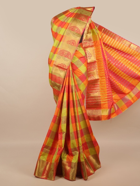 

Pothys Orange & Pink Checked Zari Jute Silk Saree