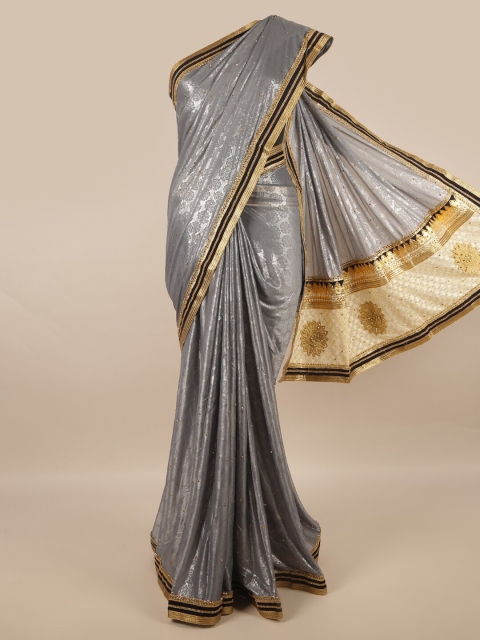 

Pothys Grey & Gold Floral Printed Beads & Stones Saree