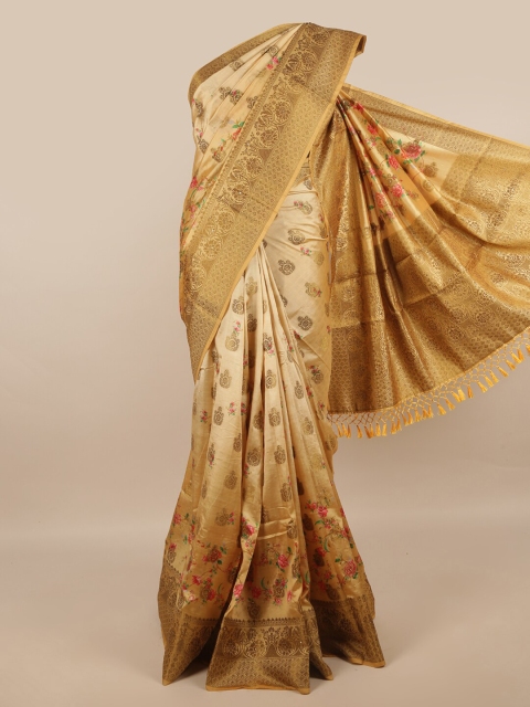 

Pothys Cream-Coloured & Copper-Toned Floral Jute Silk Saree