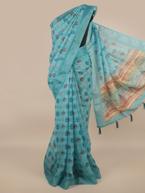 

Pothys Blue & Brown Floral Zari Linen Blend Saree