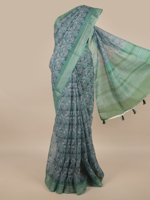 

Pothys Green & White Ethnic Motifs Linen Blend Saree