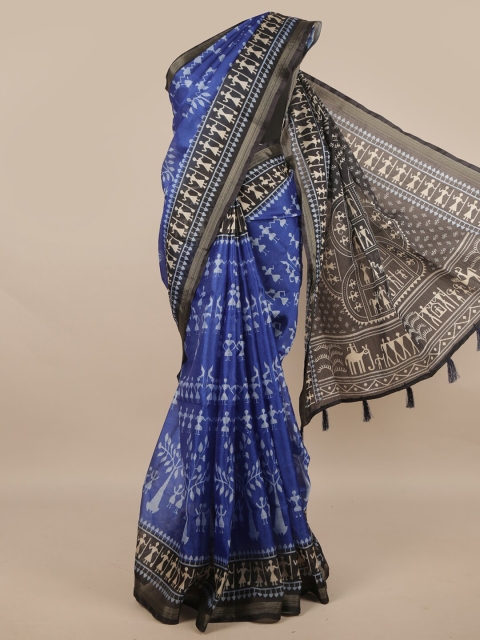 

Pothys Blue & White Warli Jute Silk Saree