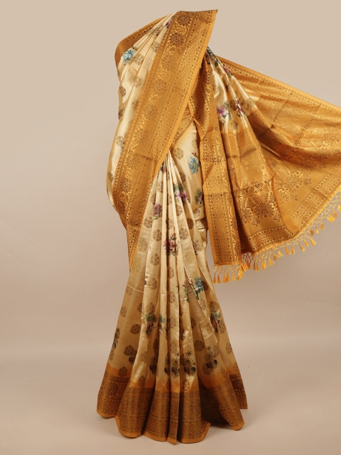 

Pothys Cream-Coloured & Mustard Yellow Ethnic Motifs Zari Jute Silk Saree