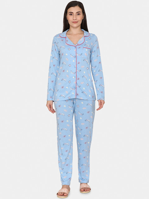 

Zivame Women Blue & White Printed Night suit