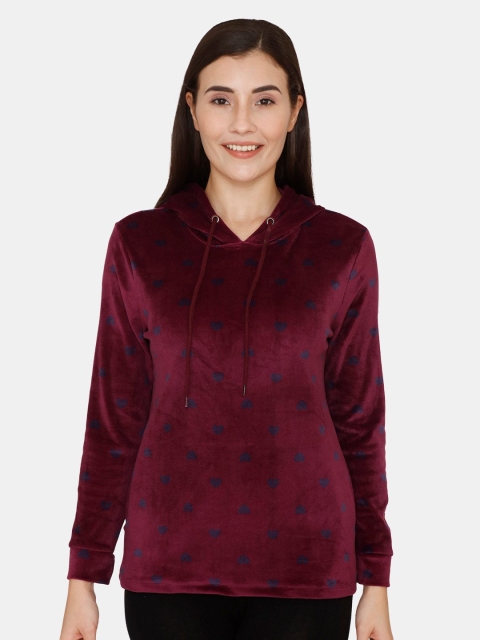 

Zivame Women Maroon Printed Hooded Sweatshirt