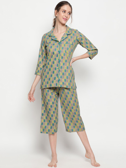 

THE NKS PLUS Women Green & Blue Printed Night Suit