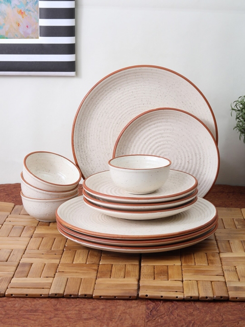 

VarEesha White & Brown 12 Pieces Handcrafted and Hand Painted Ceramic Glossy Dinner Set