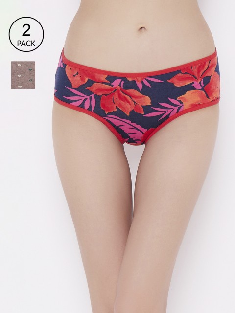 

Clovia Navy Blue & Coral Pack of 2 Cotton Floral Printed Hipster Briefs