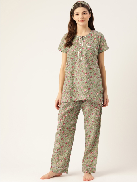 

DREAMSS BY SHILPA SHETTY Women Green & Pink Floral Printed Night suit