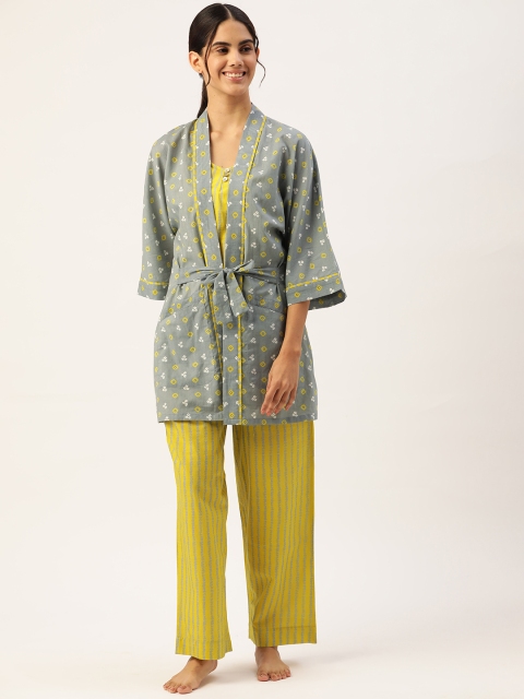 

DREAMSS BY SHILPA SHETTY Women Grey & Lime Green Striped Night suit