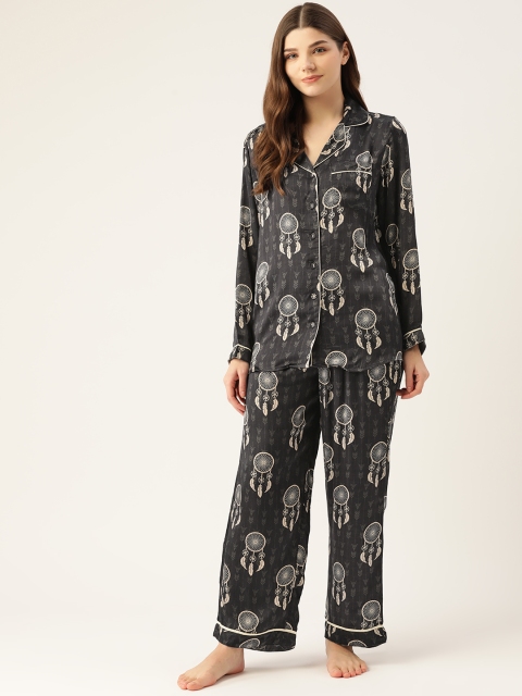 

DREAMSS BY SHILPA SHETTY Women Black Dream Catcher Printed Night suit