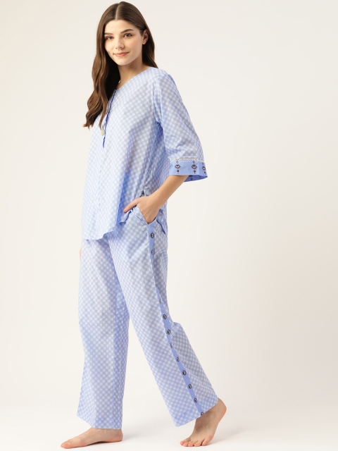 

DREAMSS BY SHILPA SHETTY Women Blue & White Checked Night suit with Evil Eye Detail