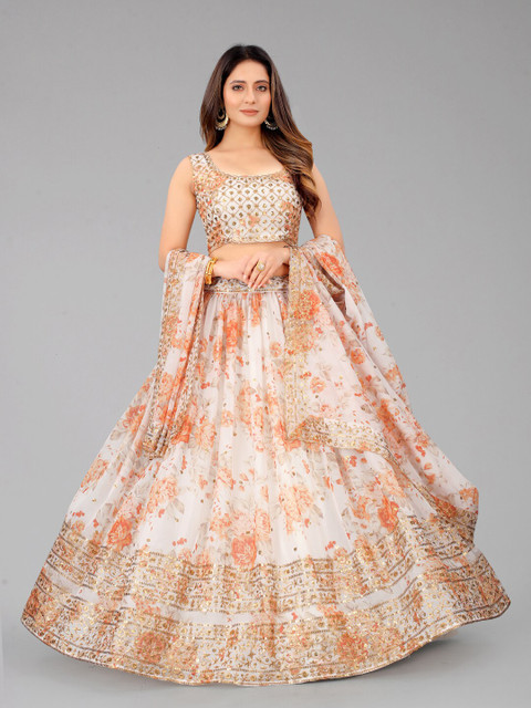 

SHOPGARB Off White & Coral Embellished Sequinned Semi-Stitched Lehenga & Unstitched Blouse With Dupatta