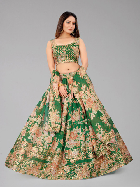 

SHOPGARB Green & Brown Embellished Sequinned Semi-Stitched Lehenga & Unstitched Blouse With Dupatta