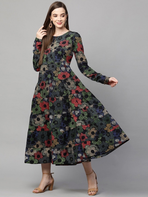

FASHOR Black & Green Printed Round Neck Fit & Flare Dress