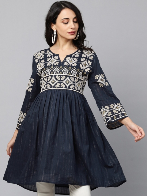 

FASHOR Women Navy Blue Embroidered Pure Cotton Pleated Anarkali Kurti