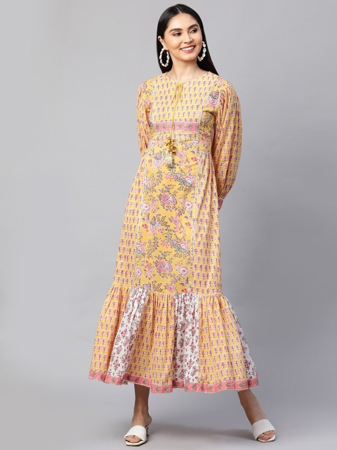 

FASHOR Yellow & Pink Ethnic Motifs Tie-Up Neck Maxi Dress