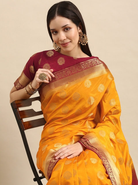 

all about you Yellow & Red Ethnic Motifs Zari Silk Blend Kanjeevaram Saree