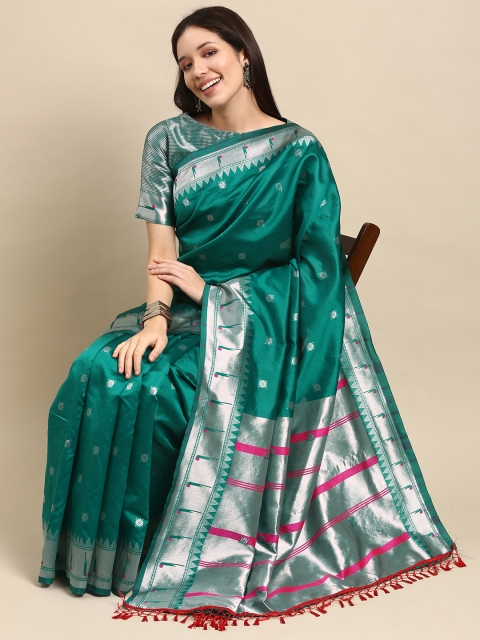 

all about you Sea Green & Grey Woven Design Zari Silk Blend Saree