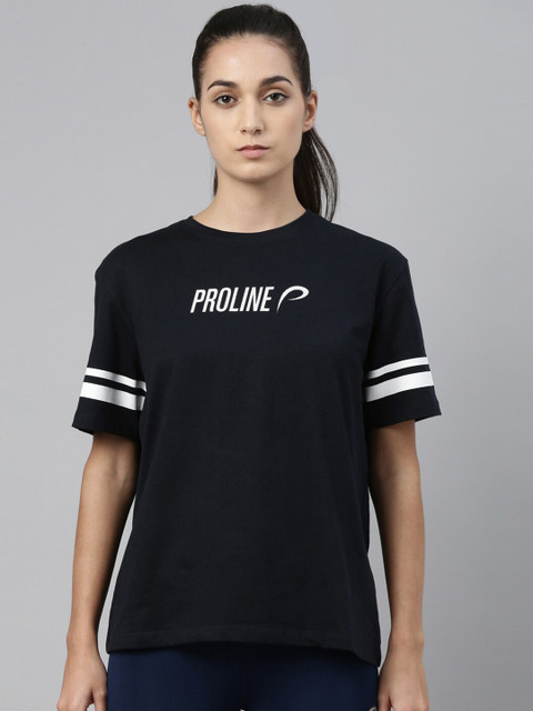 

Proline Women Navy Blue & Off White Brand Logo Printed Extended Sleeves T-shirt