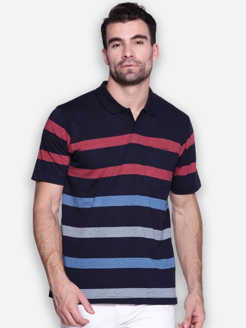 

Proline Men Navy Blue & Red Striped Polo Collar Cotton T-shirt