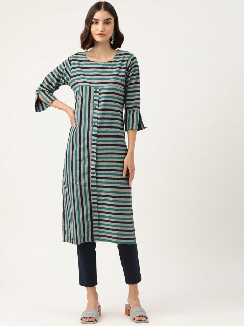 

INDYES Women Multi Color Stripped Pure Cotton Kurta, Grey