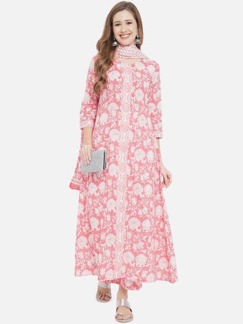 

Prakhya Women Pink Floral Printed Pleated Kurta With Palazzos & Dupatta