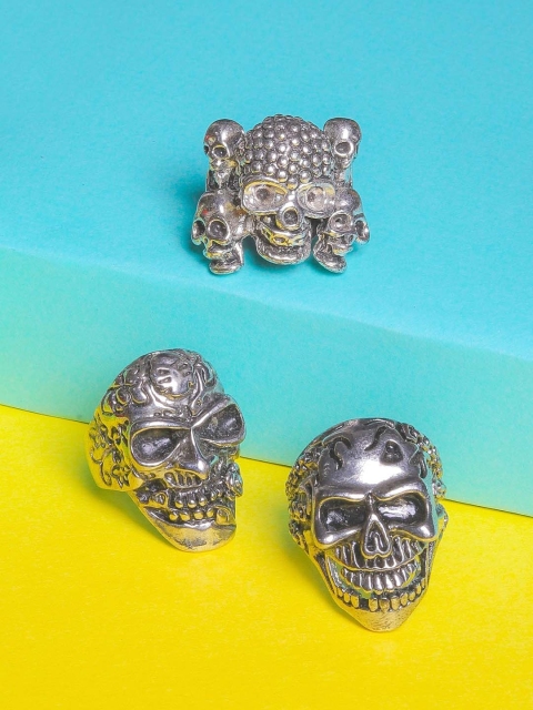 

JEWEL JUNCTION Men Set Of 3 Silver-Plated Skull Shaped Finger Rings